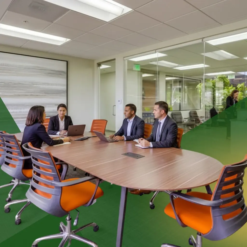 Barrister Suites Office Lease Four professionals in business attire sit around a conference table in a modern office, engaged in discussion. Large glass windows and contemporary decor are visible in the background.