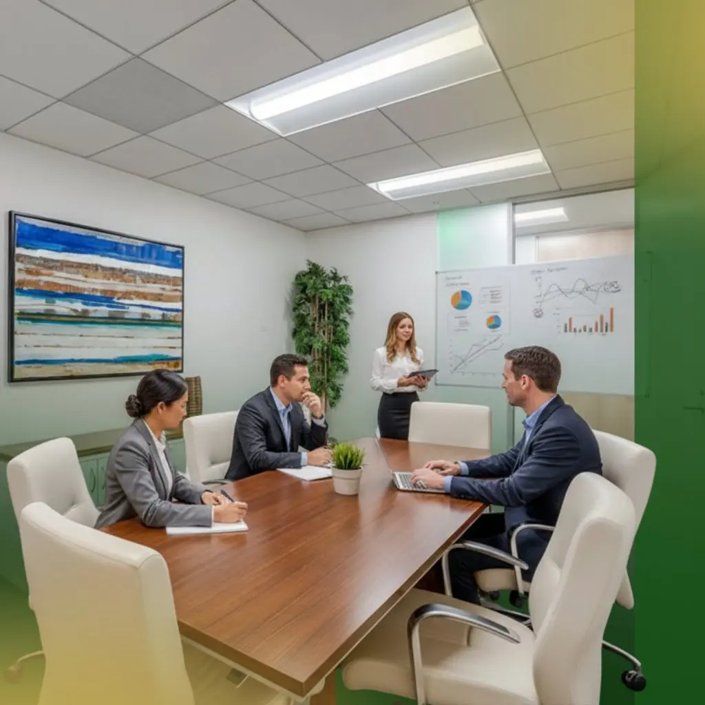 Barrister Suites Office Lease Four people in business attire have a meeting in a modern conference room. One woman stands by a whiteboard with charts and graphs, while the others sit at a table with laptops and notepads, actively engaged in discussion.