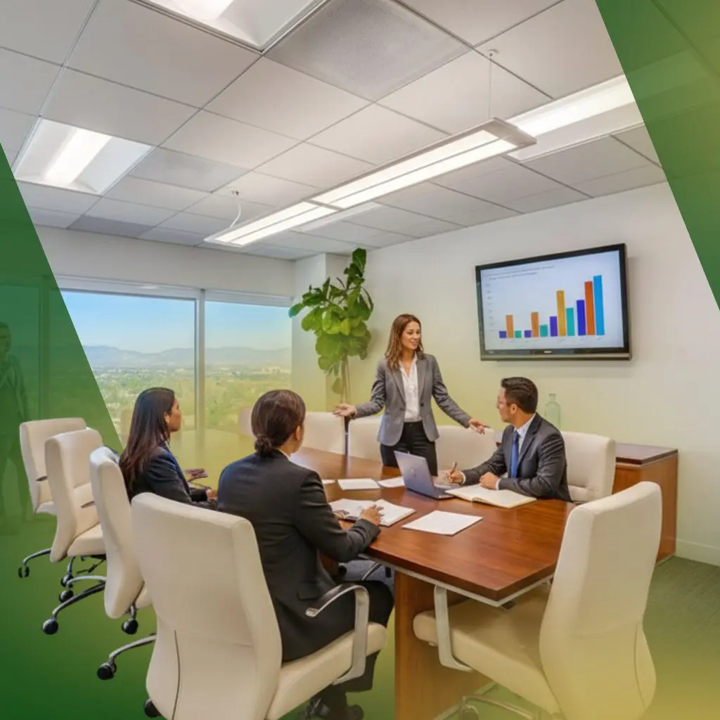 Barrister Suites Office Lease A woman in business attire stands and presents to four colleagues seated around a conference table in a modern office, with a bar graph displayed on a screen and large windows showing a scenic view.