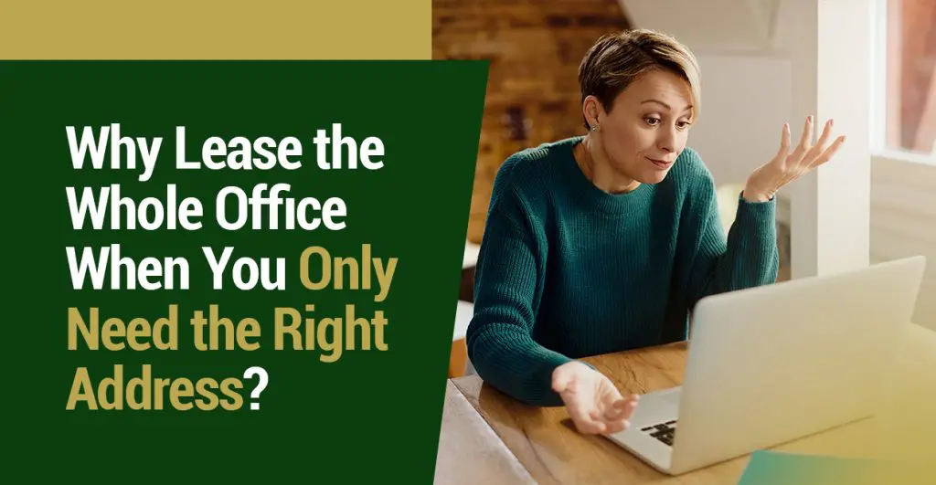 Barrister Suites Office Lease A woman in a green sweater sits at a table, shrugging while looking at her laptop. Text beside her reads, Why lease the whole office when you only need the right address?.