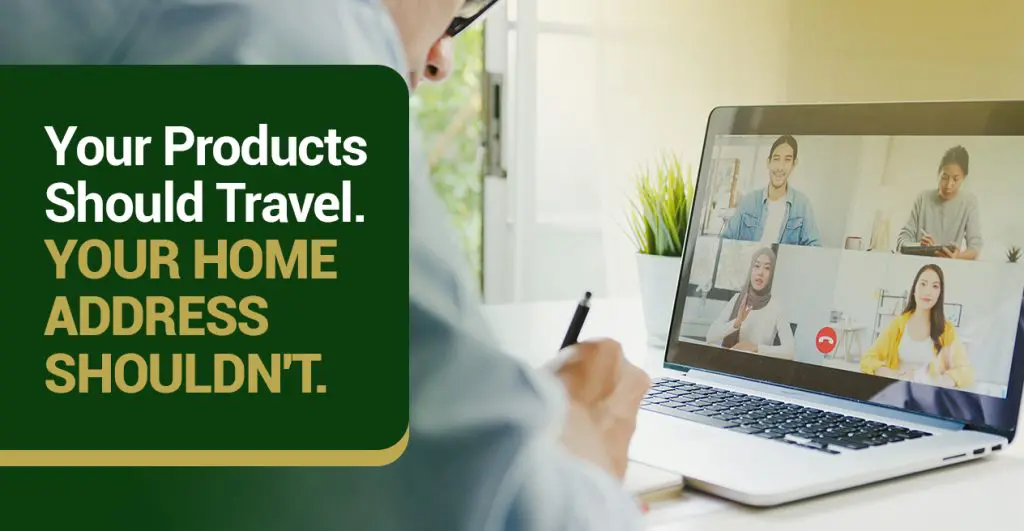 Barrister Suites Office Lease A person writes in a notebook at a desk while a laptop shows a video call with four people. Text reads: Your Products Should Travel. Your Home Address Shouldnt.