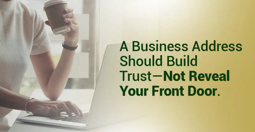 Barrister Suites Office Lease A person holding a coffee cup and typing on a laptop, with the text: A Business Address Should Build Trust—Not Reveal Your Front Door.