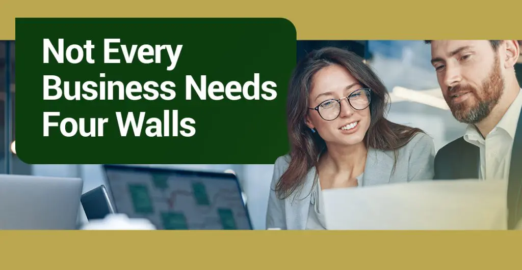 Barrister Suites Office Lease Two professionals review documents together at a desk. Text overlay reads, “Not Every Business Needs Four Walls.” The background includes laptops and office materials, with a golden border framing the image.