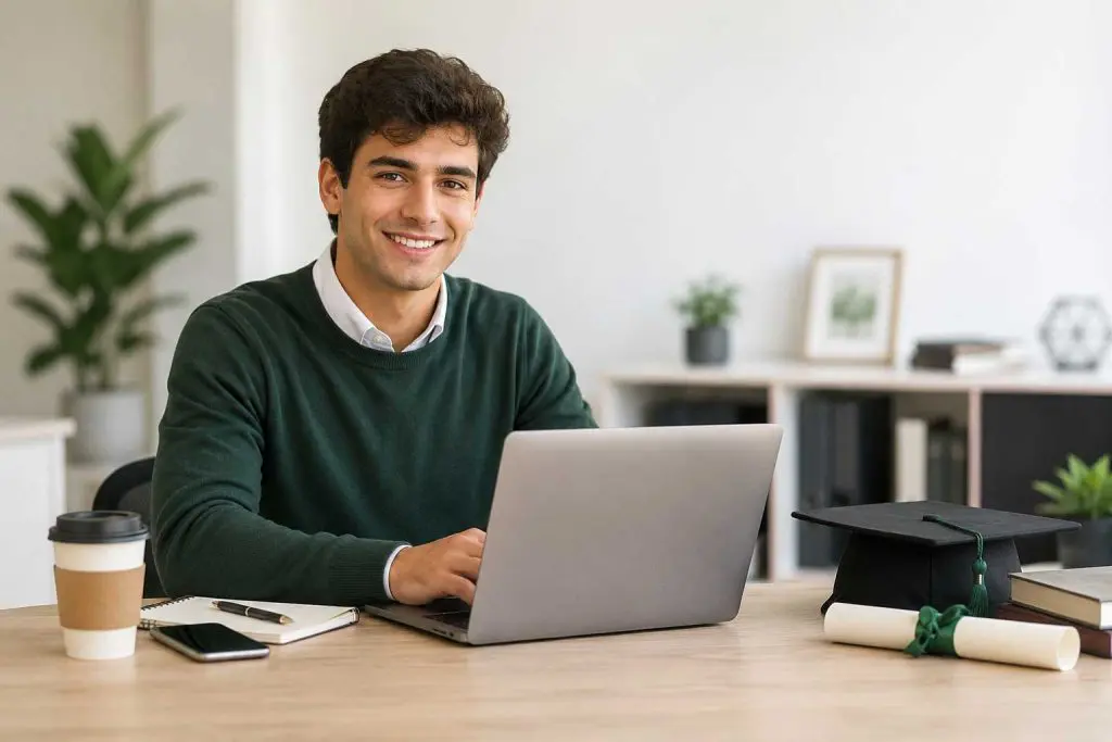 Barrister Suites Office Lease Young man in a green sweater smiling and working on a laptop at a desk with a graduation cap, diploma, notebook, and coffee cup, in a modern, bright office setting.