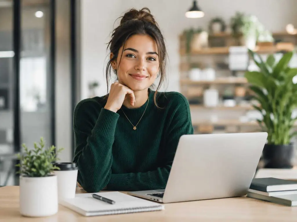 Barrister Suites Office Lease A woman sits at a desk with a laptop, notebook, and coffee cup, smiling at the camera. She wears a green sweater, and the background features plants and shelves in a modern, bright office space.