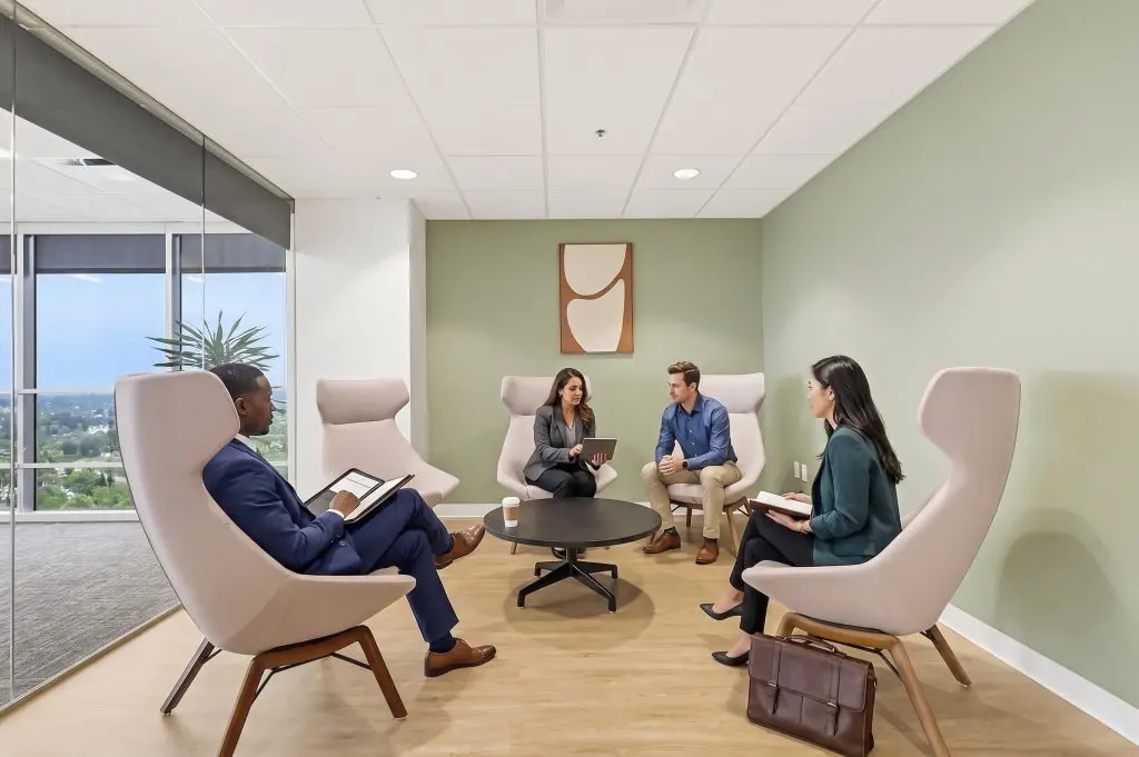 Barrister Suites Office Lease Four people sit in modern chairs around a small round table in a bright office meeting room with large windows and green walls. They appear engaged in discussion, some holding notebooks or tablets.