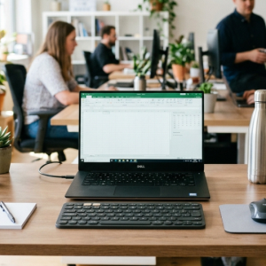 Barrister Suites Office Lease A modern office with people working at desks. In the foreground is a tidy desk with a laptop displaying a spreadsheet, a mug, a plant, a water bottle, a keyboard, a mouse on a pad, and a notepad with a pen.