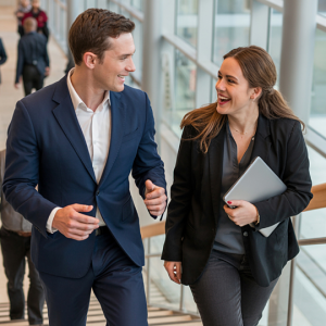 Barrister Suites Office Lease Two professionally dressed people, a man and a woman, walk up stairs in a modern office building, smiling and talking. Others walk behind them. The woman holds a tablet. Large windows let in natural light.