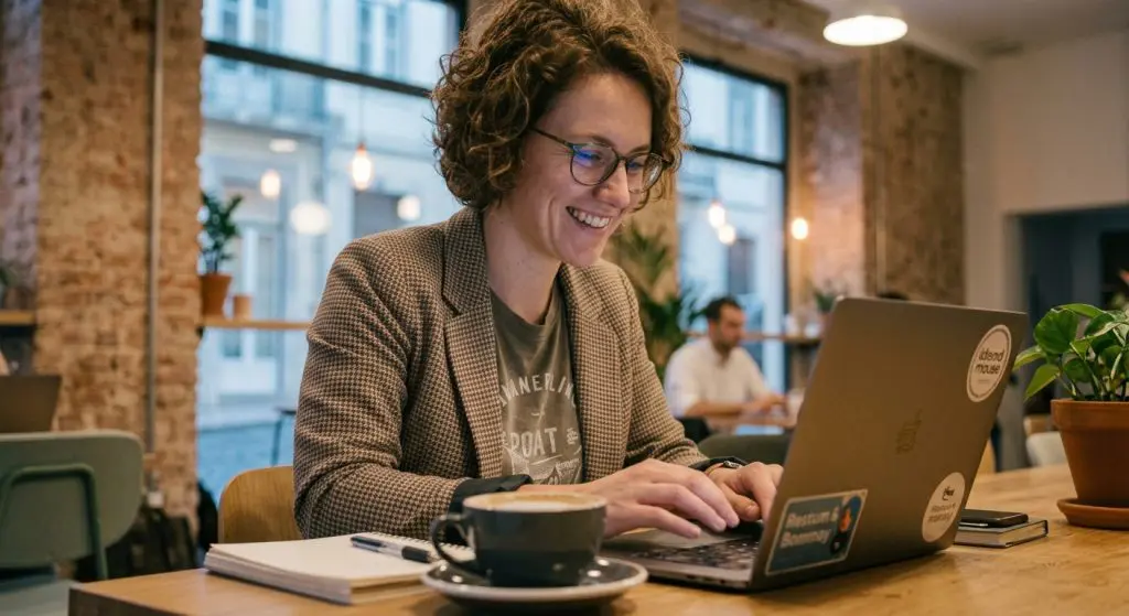 Barrister Suites Office Lease Smiling person with glasses works on a laptop at a café table, with a notebook, pen, and coffee cup nearby. Other people are working in the background.