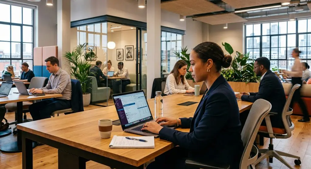 Barrister Suites Office Lease Open-plan office with people working at desks on laptops, large windows letting in natural light, and green plants throughout the modern workspace. A woman in the foreground types on her laptop, with coffee and a notepad nearby.