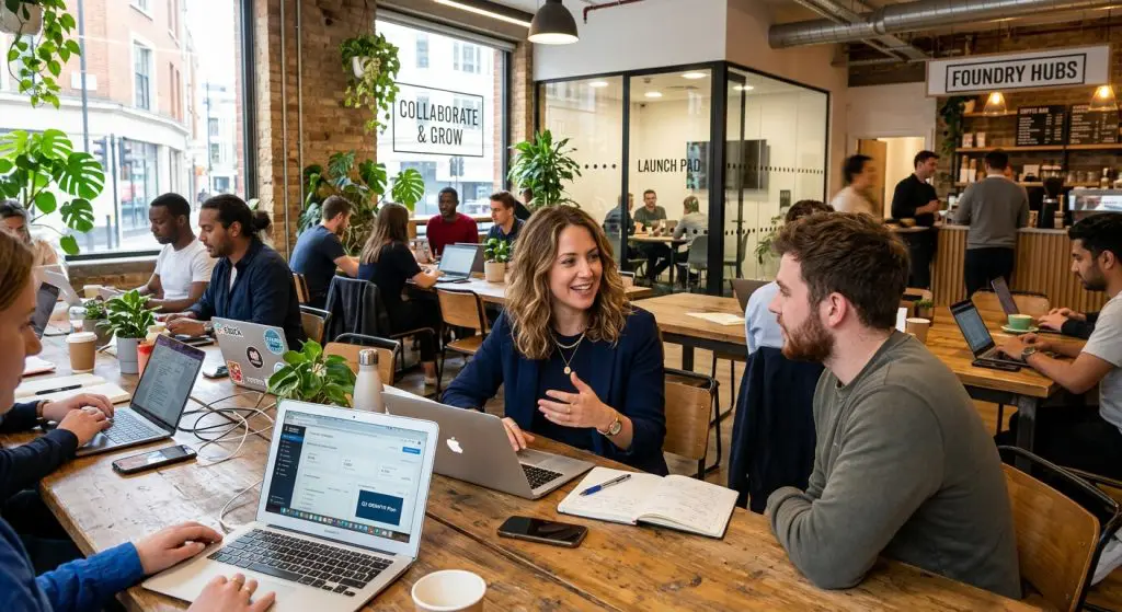 Barrister Suites Office Lease People work on laptops and talk at shared wooden tables in a modern, busy coworking space with plants and glass meeting rooms. Signs read Collaborate & Grow and Foundry Hubs..