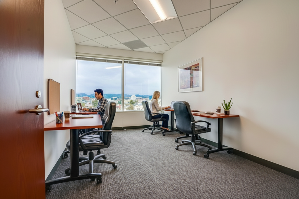 Barrister Suites Office Lease Two people work at separate desks in a modern office with large windows, natural light, and city views. The room has white walls, office chairs, a plant, and framed artwork.