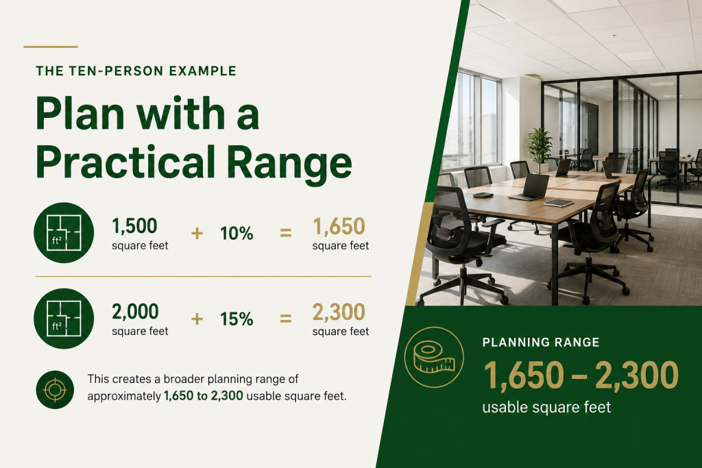 Barrister Suites Office Lease Office space infographic showing square footage needs for ten people, with illustrations, planning range of 1,650 to 2,300 usable square feet, and a photo of a modern office with desks and chairs.