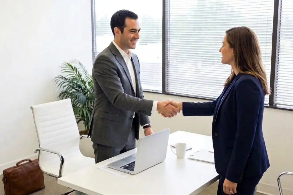 Barrister Suites Office Lease Two people in business attire shake hands across a desk in a bright office with large windows, a laptop, documents, a coffee mug, a chair, and a potted plant in the background.