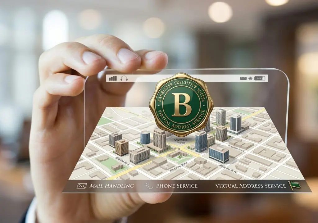 Barrister Suites Office Lease A hand holds a transparent screen displaying a 3D city map with buildings and a logo for a virtual address service. Icons for mail handling, phone service, and virtual address service are visible.