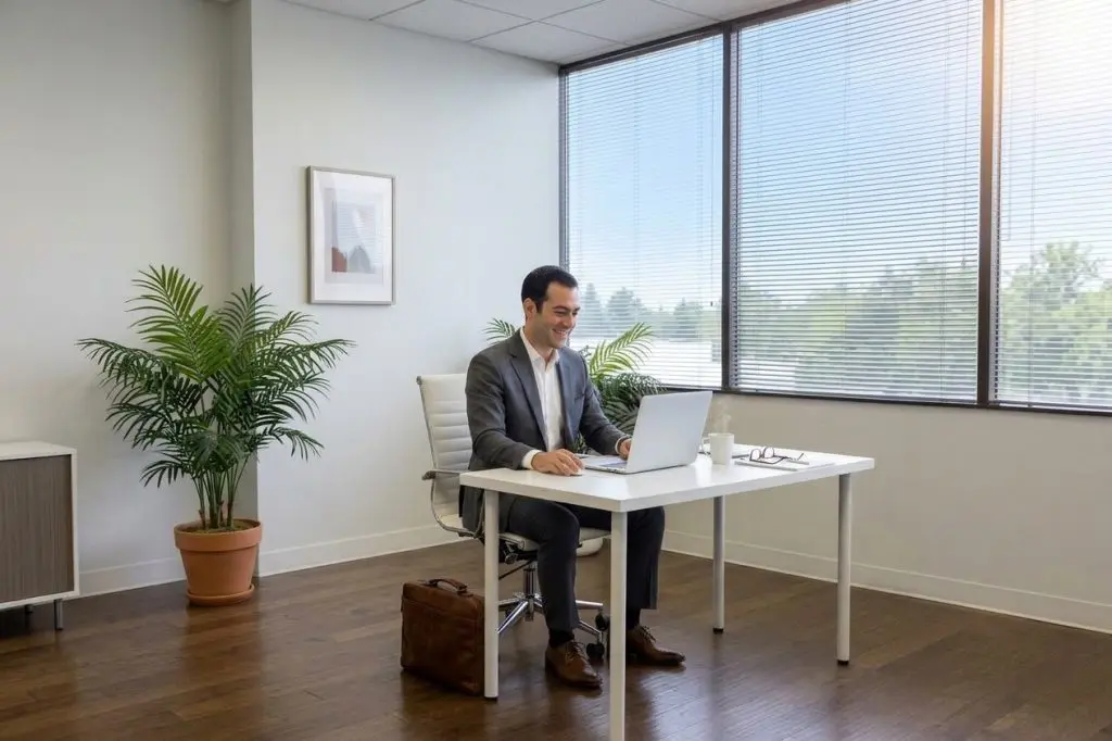 Barrister Suites Office Lease A man in a suit sits at a desk with a laptop in a bright office. There are large windows, a potted plant, a framed picture on the wall, and a briefcase on the floor.