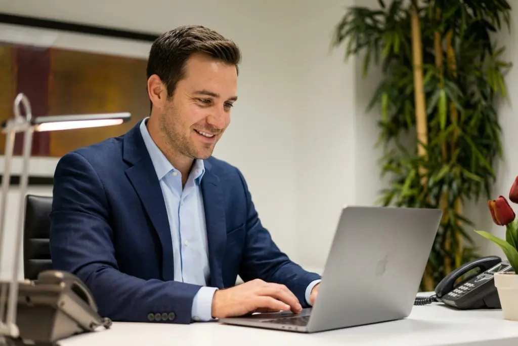 Barrister Suites Office Lease A man in a suit jacket smiles while typing on a laptop at his office desk.