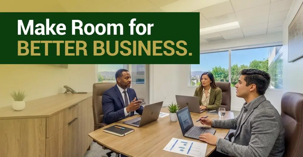 Barrister Suites Office Lease Three colleagues in business attire collaborating around a conference table with laptops, with the overlaid text Make Room for BETTER BUSINESS.