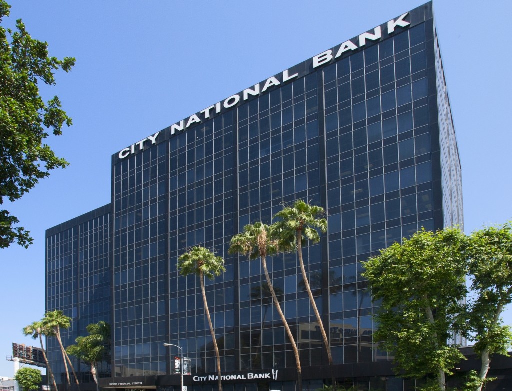 street view of office space in encino at city national building with palm trees out front
