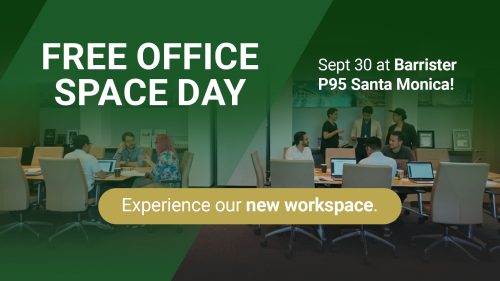 Barrister Suites Office Lease A promotional banner for “Free Office Space Day” featuring people working and talking at tables in a modern office. Event details: Sept 30 at Barrister P95 Santa Monica. Text: Experience our new workspace.