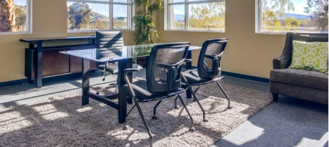 Barrister Suites Office Lease A bright office with a glass-top table, three black chairs, a desk, a brown armchair with a green pillow, a plant, and large windows letting in sunlight.