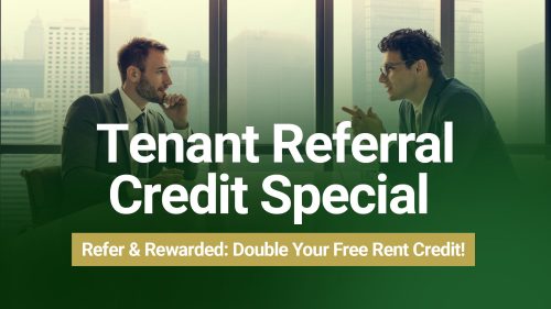 Barrister Suites Office Lease Two men in business attire sit across from each other in an office with city views. Text overlay reads: Tenant Referral Credit Special. Refer & Rewarded: Double Your Free Rent Credit!.