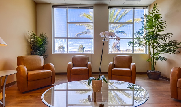 Barrister Suites Office Lease A cozy waiting room with three brown leather armchairs, large windows with a view of palm trees, potted plants in the corners, and a glass coffee table with a white orchid in the center.