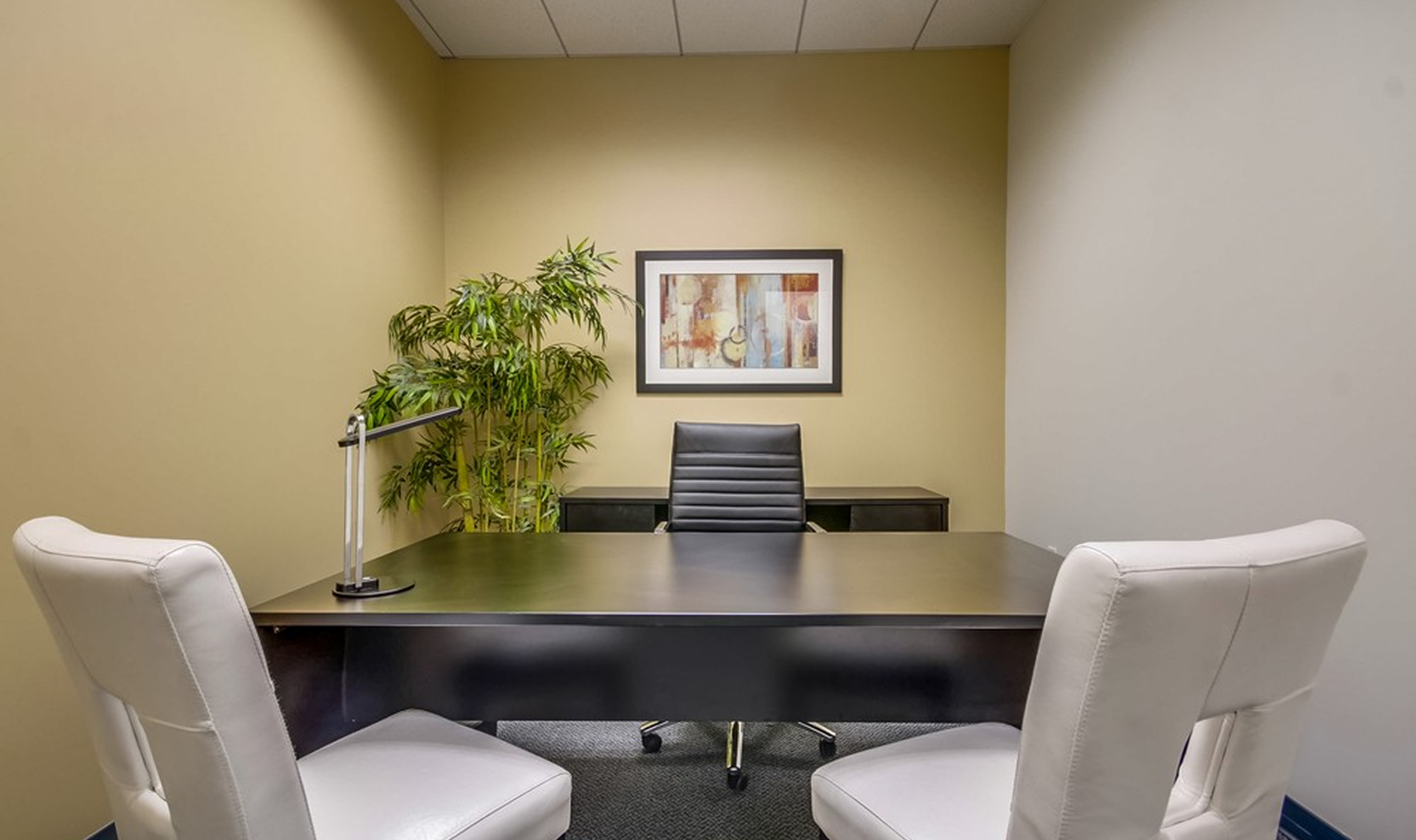 Barrister Suites Office Lease A modern office with a black desk, black swivel chair, two white chairs, a desk lamp, a potted plant in the corner, and abstract artwork on the beige wall. The room has neutral colors and a minimalist style.