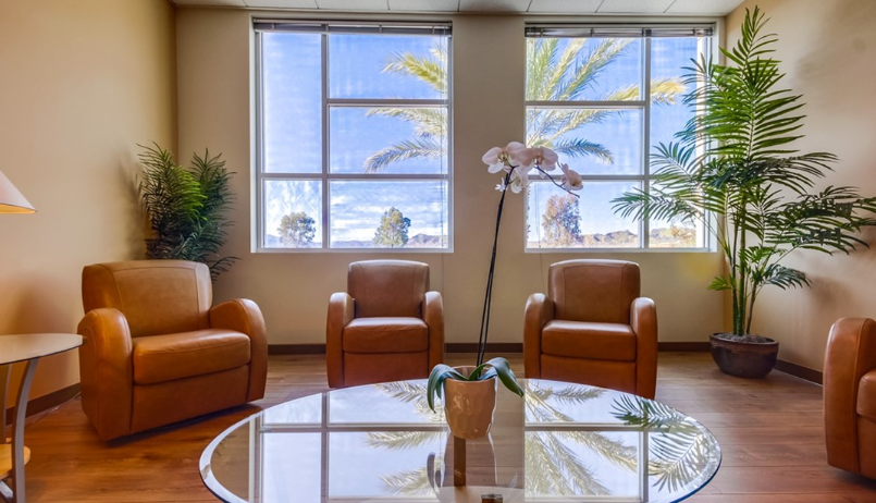Barrister Suites Office Lease A cozy waiting room with four tan leather chairs, large windows letting in sunlight, potted green plants, and a round glass table with a white orchid in the center. Palm trees are visible outside the windows.