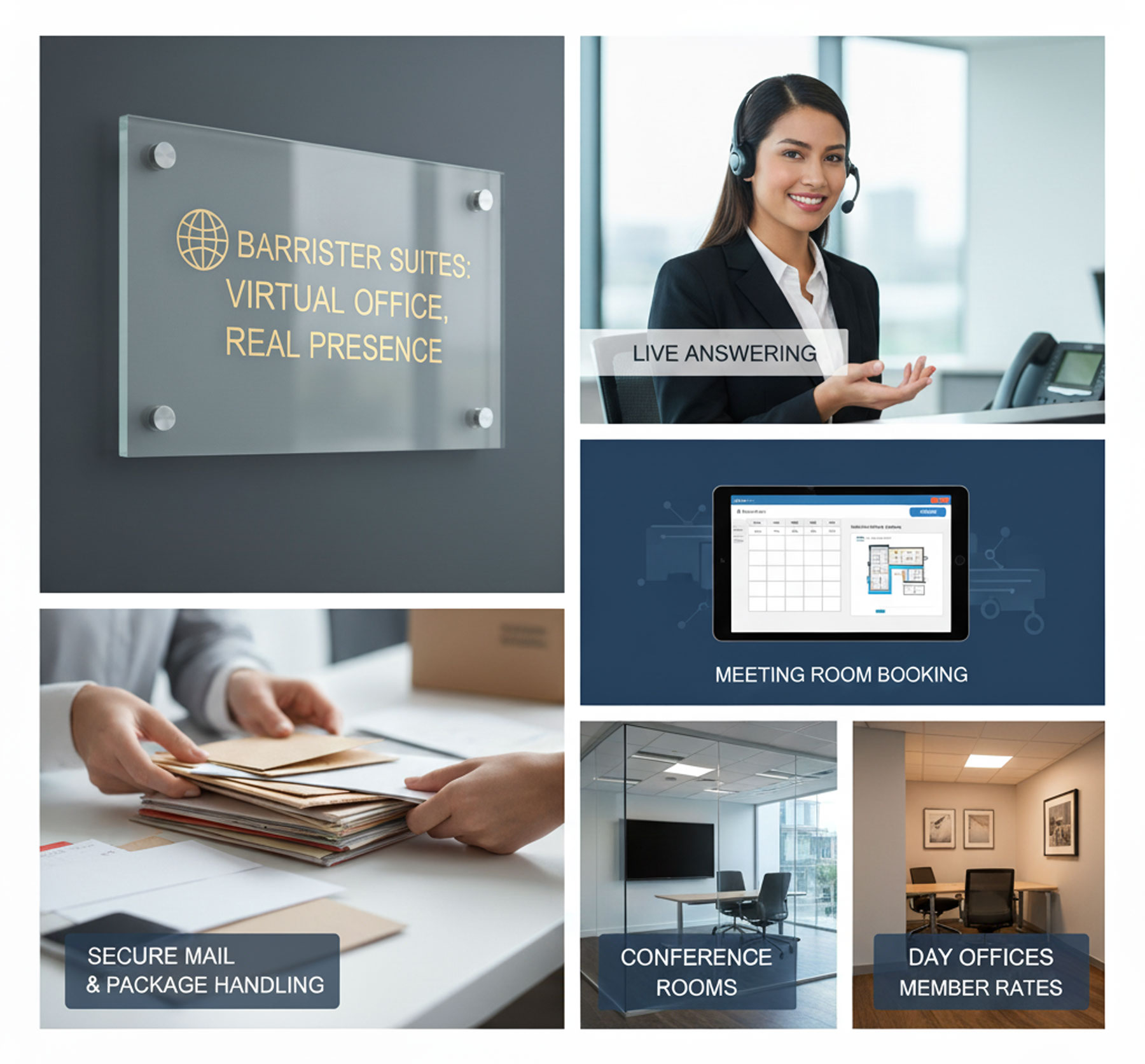Barrister Suites Office Lease Collage showing virtual office services: wall sign, smiling receptionist with headset, hands handling mail, tablet booking a room, modern conference room, and day office; labels highlight each service.