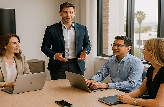 Barrister Suites Office Lease Four professionals have a meeting in a modern office. One man stands speaking, while two women and another man sit at a table with laptops, listening and smiling. A large window and palm tree are visible in the background.