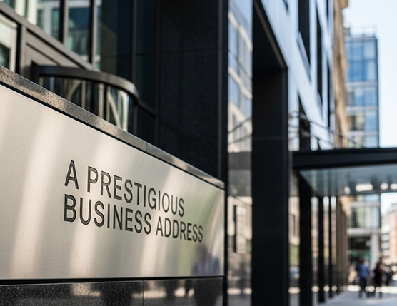 Barrister Suites Office Lease A metal sign on a modern office building reads A PRESTIGIOUS BUSINESS ADDRESS, with glass windows and a city street visible in the background.