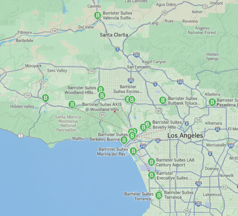 Barrister Suites Office Lease Map showing locations of Barrister Suites offices across the Los Angeles area, including Woodland Hills, Encino, Beverly Hills, Marina del Rey, LAX, Pasadena, and Valencia, marked with green pins and labels.
