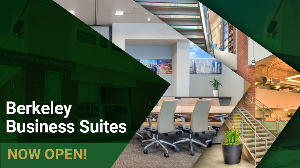 Barrister Suites Office Lease Promotional image for Berkeley Business Suites, featuring a modern conference room, staircases, office interiors, and text that reads: “Berkeley Business Suites NOW OPEN!” in white and green on a dark green background.
