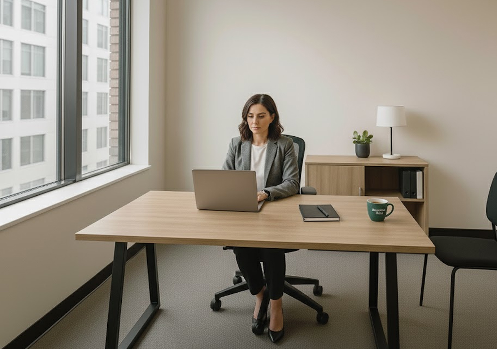 Barrister Suites Office Lease A woman in business attire sits at a wooden desk working on a laptop in a modern office with large windows. The desk has a notebook, green coffee mug, and the room has minimal decor including a lamp and a plant.