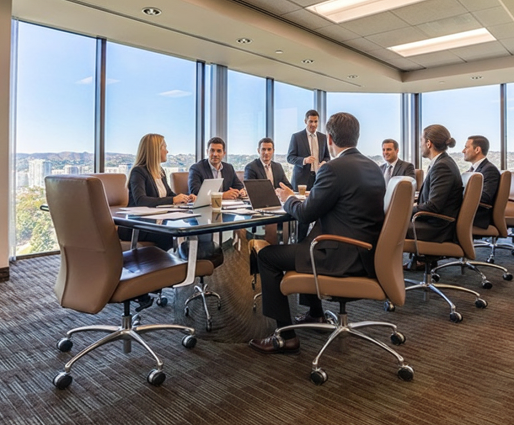 Barrister Suites Office Lease A group of business professionals in formal attire have a meeting around a conference table in a modern office with large windows overlooking a cityscape.