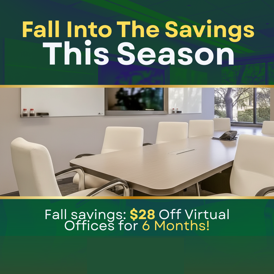 Barrister Suites Office Lease A modern conference room with white chairs and a large table. Text reads: “Fall Into The Savings This Season. Fall savings: $28 Off Virtual Offices for 6 Months!”.