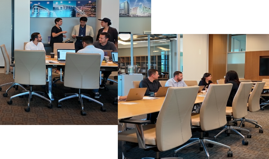 Barrister Suites Office Lease Two images show people in a modern office meeting room. One shows a group talking and working on laptops around a table; the other shows colleagues having conversations at a long conference table.