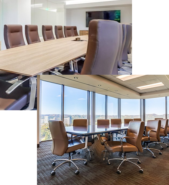 Barrister Suites Office Lease Two modern conference rooms with large windows, brown leather chairs, and light wood tables. One room shows a close-up of chairs around a long table; the other shows a meeting space overlooking a cityscape.