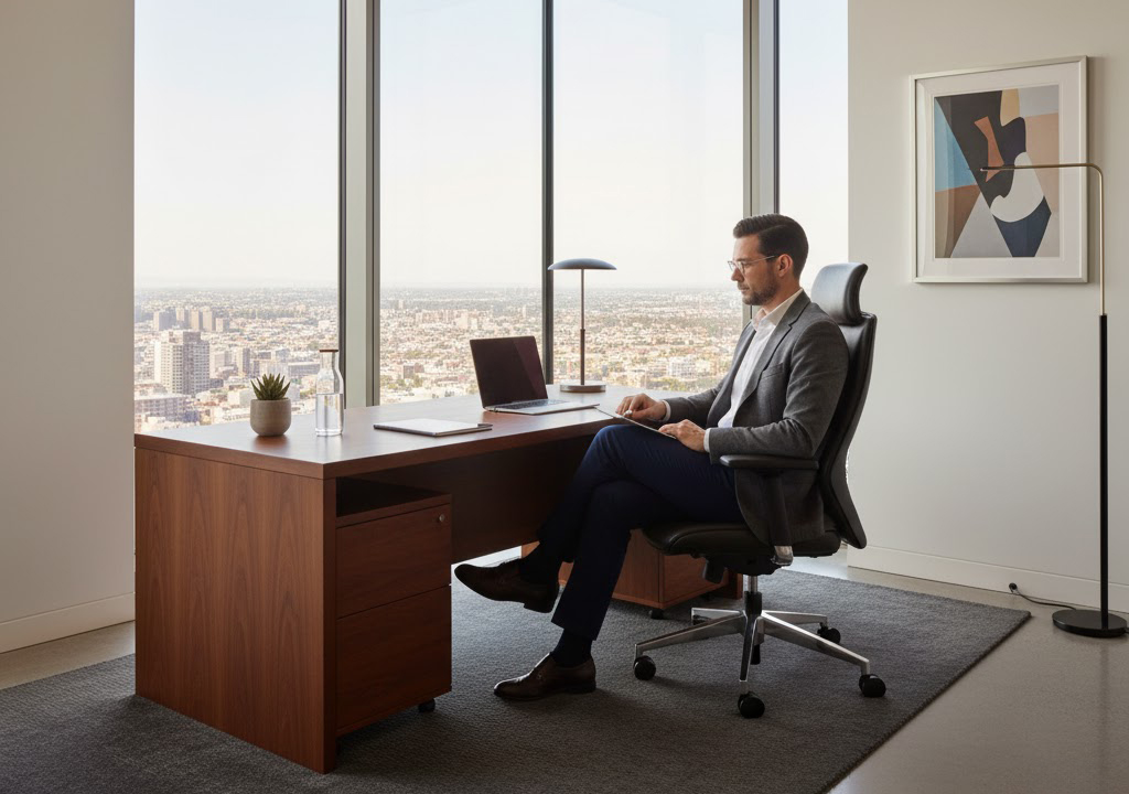 Barrister Suites Office Lease A man in a suit sits at a modern wooden desk in a bright office with large windows overlooking a cityscape. There’s a laptop, lamp, water bottle, and potted plant on the desk, and abstract art on the wall.