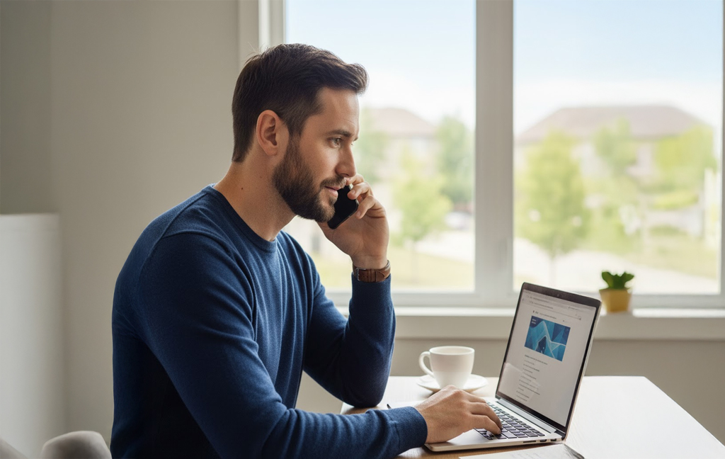 Barrister Suites Office Lease A man with a beard sits at a desk by a window, talking on a smartphone while using a laptop. A white coffee cup and a small potted plant are on the desk. Daylight streams through the window.