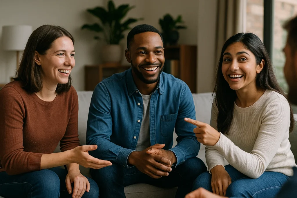 Barrister Suites Office Lease Three young adults sit together indoors on a couch, smiling and talking. One woman gestures while speaking, and the others listen and laugh. The atmosphere is friendly and relaxed, with plants in the background.