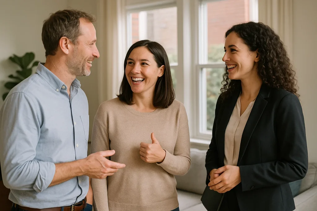 Barrister Suites Office Lease Three adults stand indoors, smiling and chatting. A man in a light blue shirt gestures while two women, one in a beige sweater and one in a dark blazer, listen and laugh. They appear to be having a friendly conversation.