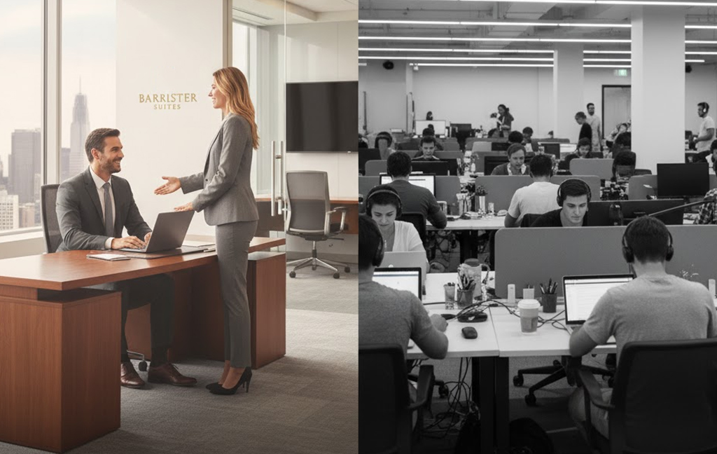 Barrister Suites Office Lease A split image shows a formal office with two professionals conversing on the left, and a busy open-plan workspace with many employees working at computers on the right.