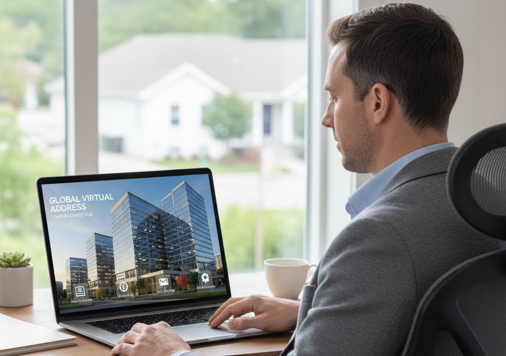 Barrister Suites Office Lease A man in business attire sits at a desk, working on a laptop. The screen displays a website for a global virtual address service, showing modern office buildings and business-related icons.