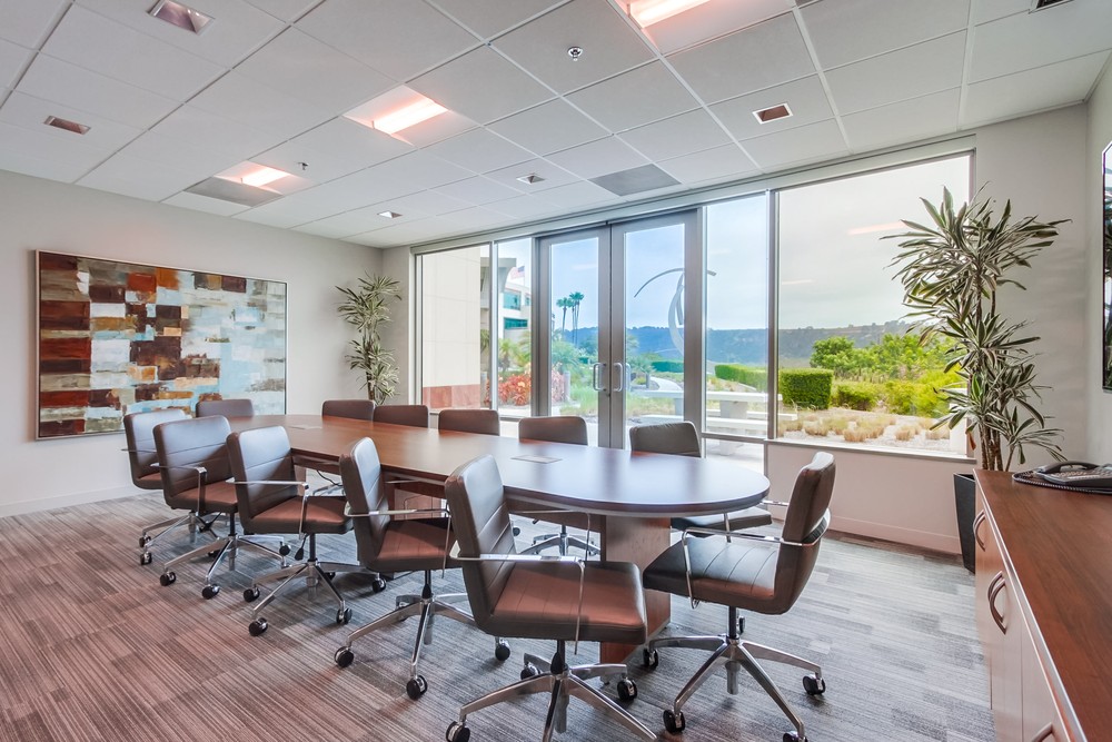 Barrister Suites Office Lease A modern conference room with a large oval table surrounded by chairs, a colorful abstract painting on the wall, large windows and glass doors overlooking a landscaped outdoor area with greenery.
