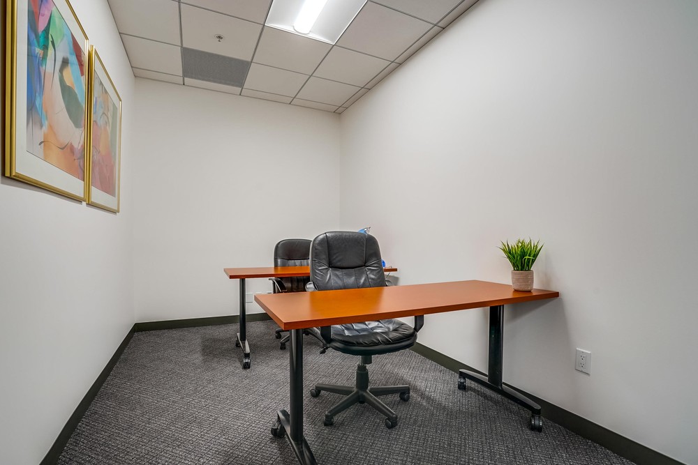 Barrister Suites Office Lease A small office with two wooden desks, each with a black swivel chair. One desk has a potted plant. The walls are white with two abstract paintings, and the floor is carpeted gray. Ceiling lights illuminate the room.