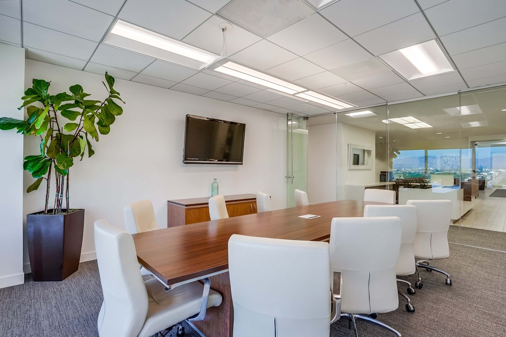 Barrister Suites Office Lease Modern conference room with a long wooden table, eight white chairs, a wall-mounted TV, a potted plant, and glass walls overlooking a bright office space with windows in the background.