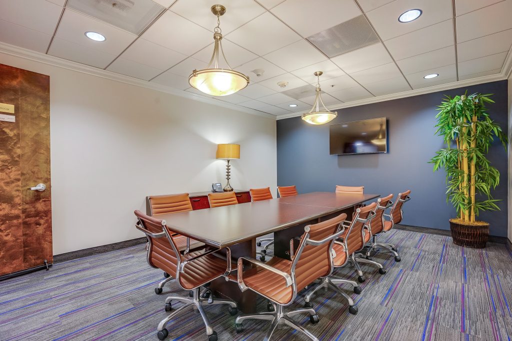 Barrister Suites Office Lease A modern conference room with a long table surrounded by ten brown chairs, a wall-mounted TV, a floor lamp, and a large potted plant, with recessed lighting and a patterned carpet.