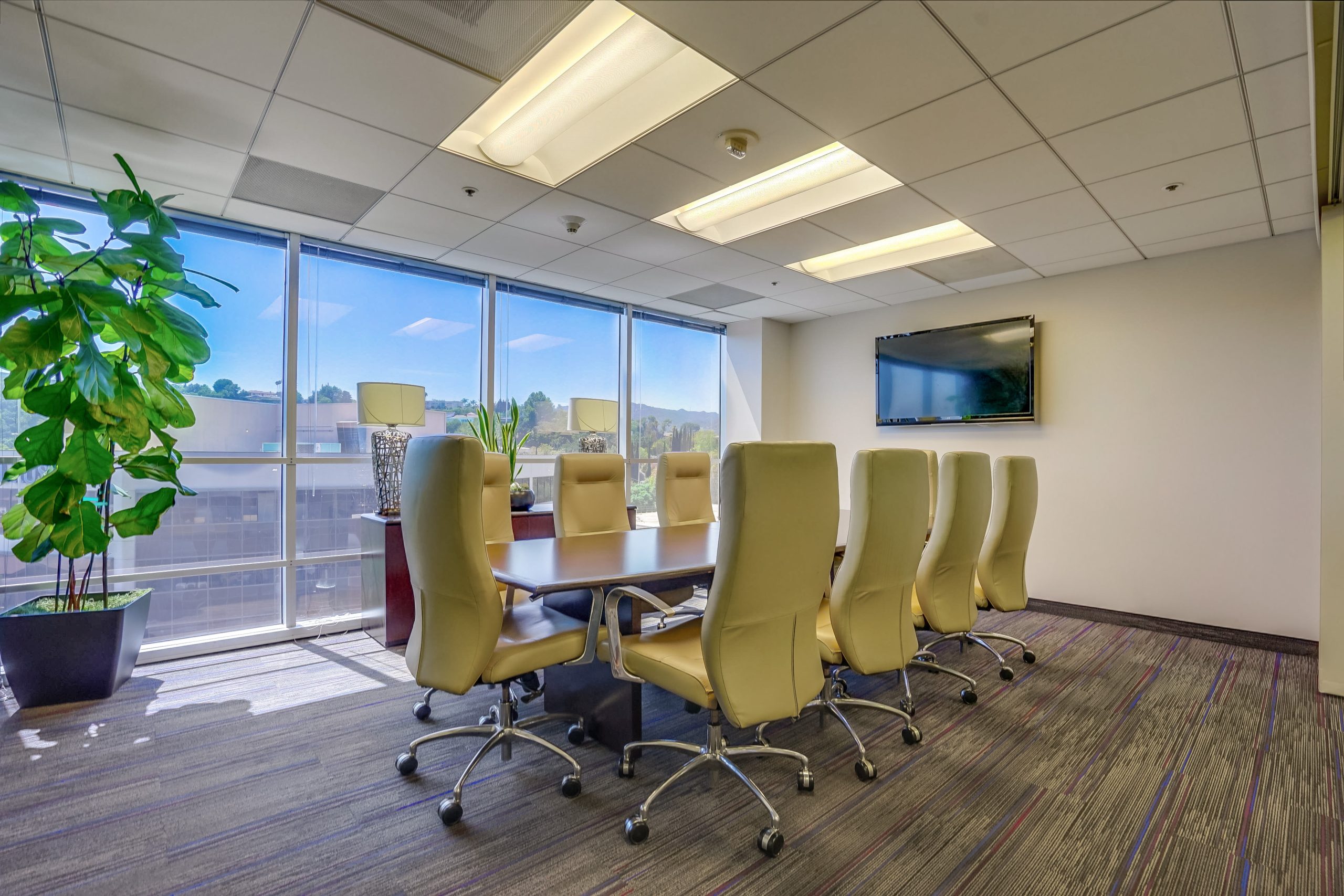 Barrister Suites Office Lease A modern conference room with eight beige swivel chairs around a rectangular table, large windows letting in natural light, a potted plant, a wall-mounted TV, and office decor.